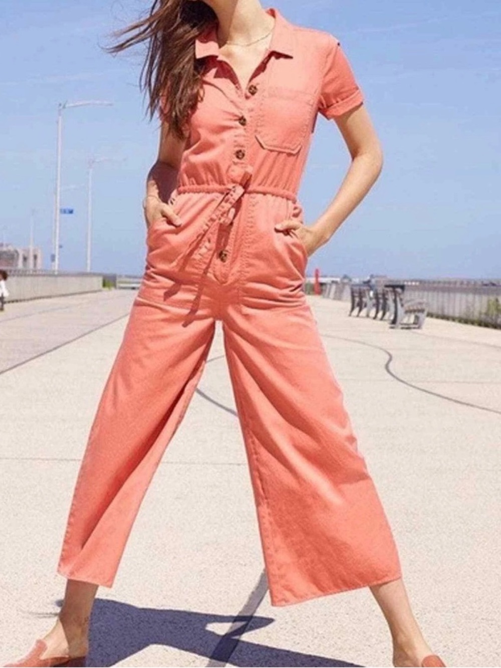 Madewell Wide Leg Cropped Utility Jumpsuit Coral Peach Button Front 00‎